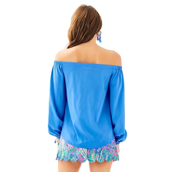 LILLY PULITZER 90% Silk Adira Off The Shoulder Top Blue. Size MD. Great Cond! - Picture 3 of 7